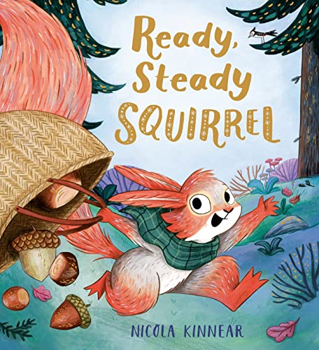 Squirrel with a green scarf runs amongst mushrooms and acorns.