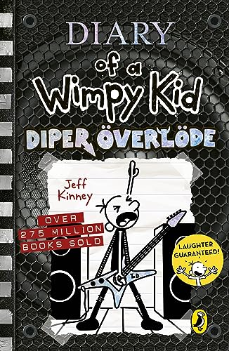 Book cover: "Diary of a Wimpy Kid: Diper Överlöde" with cartoon illustration.