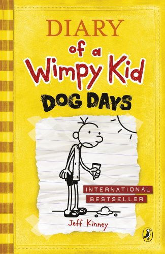 "Yellow book cover with cartoon boy and 'Diary of a Wimpy Kid: Dog Days' title."
