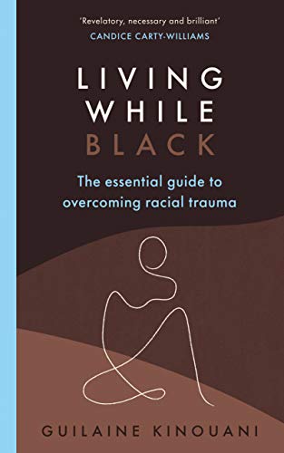 Book cover: “Living While Black” with a white line-art figure meditating.
