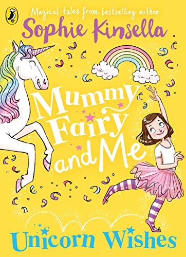 "Book cover featuring a girl, a unicorn, and a rainbow on a yellow background."