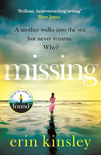Book cover: woman on beach, stormy sky, title “Missing” in large script.