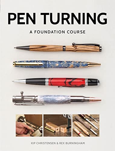 Book cover: "Pen Turning: A Foundation Course" with finished pens and workshop scenes.