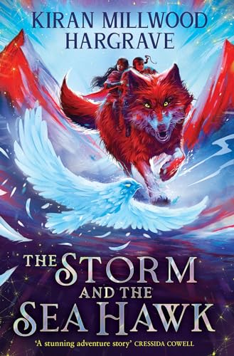 Book cover: two figures riding a large, fiery fox with a white hawk.