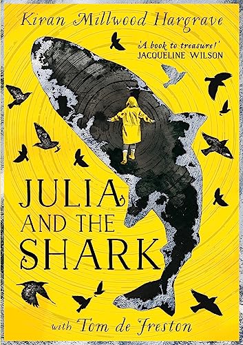 Book cover: girl in yellow raincoat stands inside a large shark outline.