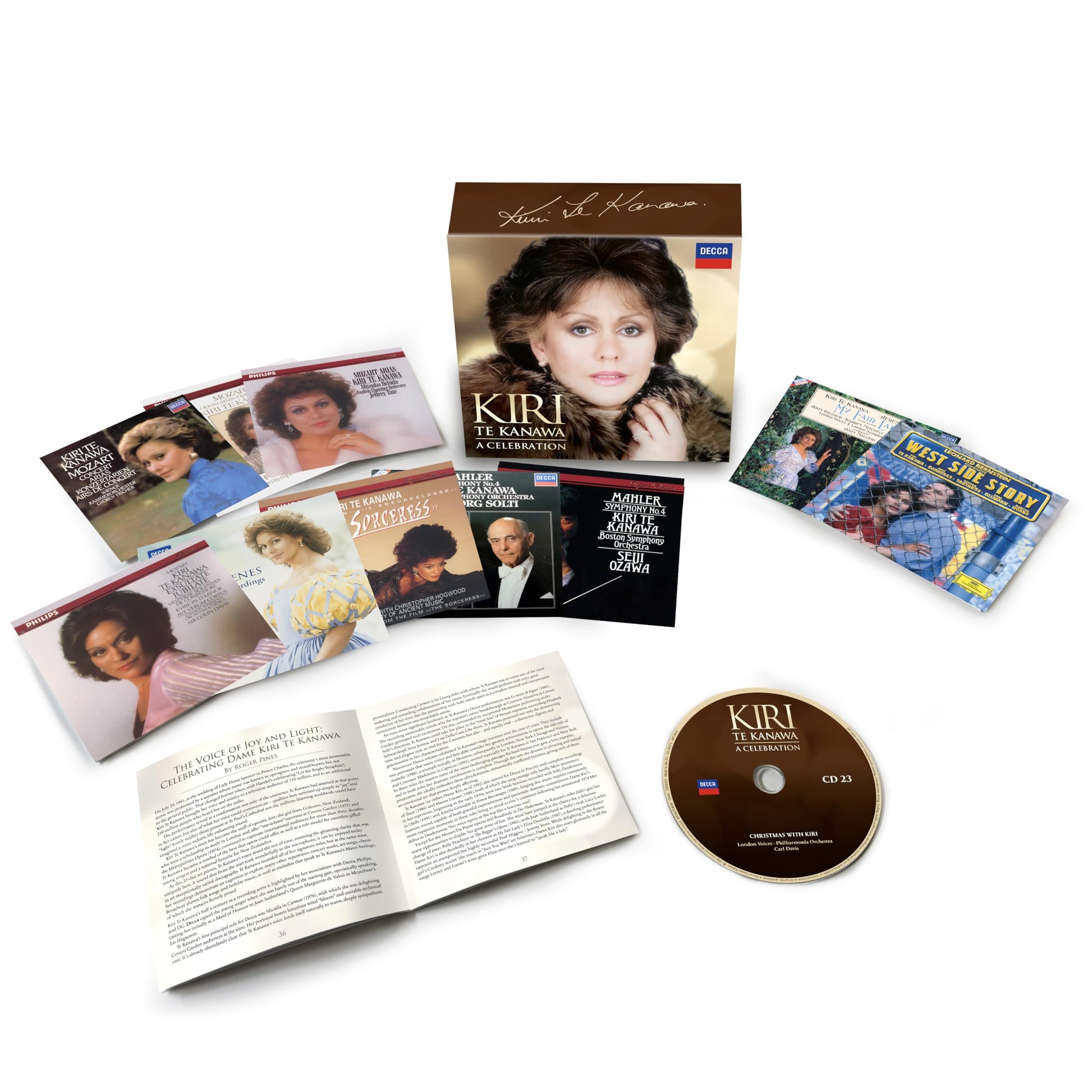 CD collection featuring opera singer Kiri Te Kanawa, with album covers displayed.