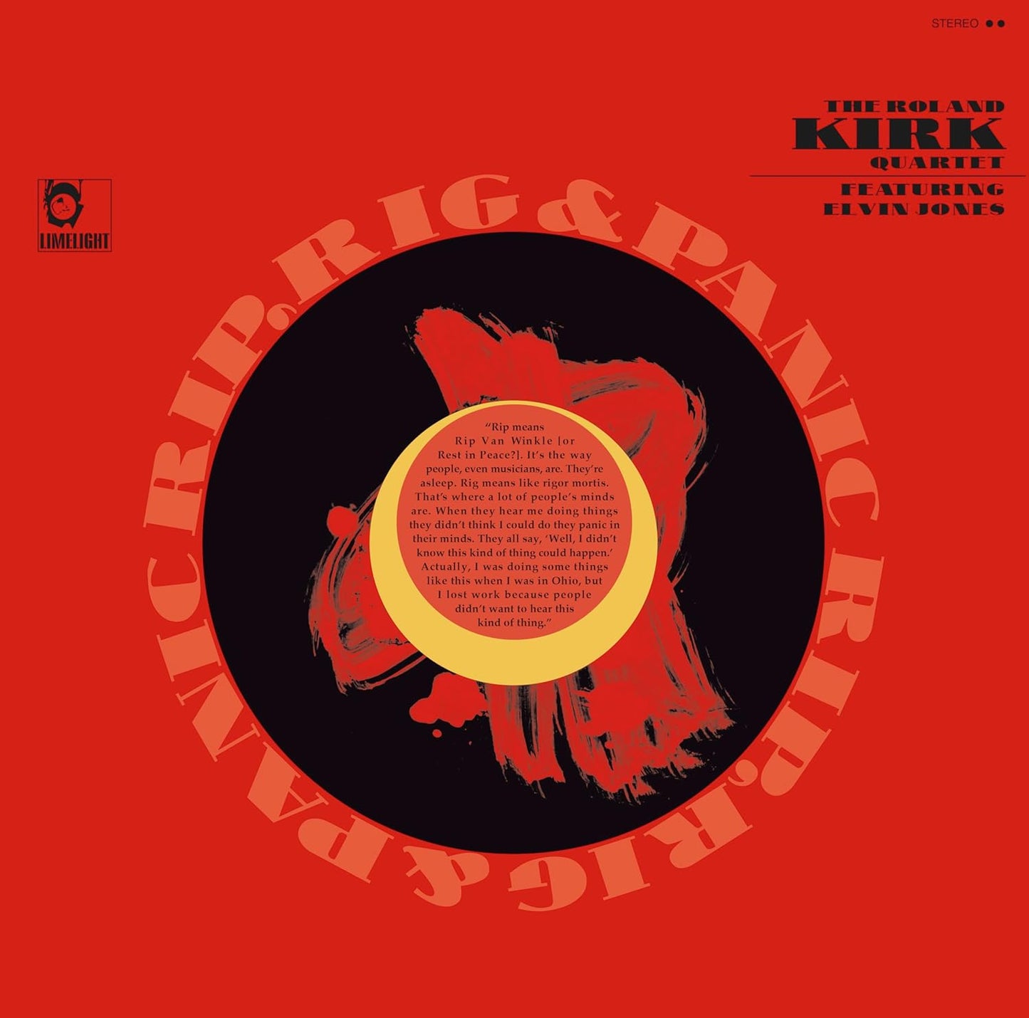 Vinyl album cover with red background, circular text, and a central yellow information circle.