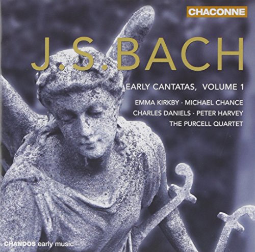 CD cover: statue detail, gold text “J.S. Bach Early Cantatas, Volume 1”.