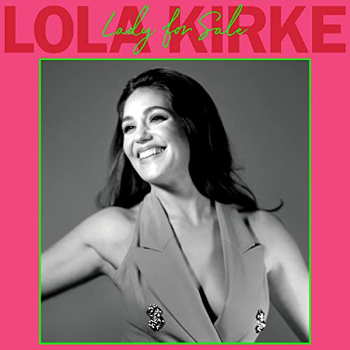 Black and white portrait of Lola Kirke with pink and green text.