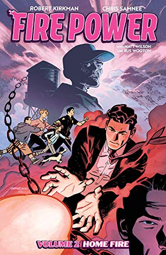 Comic book cover: figures running, a large hand, and fiery background.