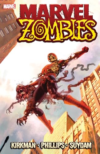 Zombie Spider-Man leaps through a ruined cityscape on the Marvel Zombies cover.