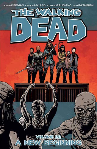 Comic book cover with Rick Grimes and others amidst a post-apocalyptic desolate landscape.