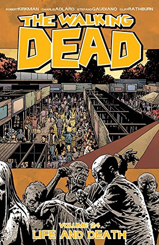 Comic book cover showing a crowd of people and zombies with bold yellow text.