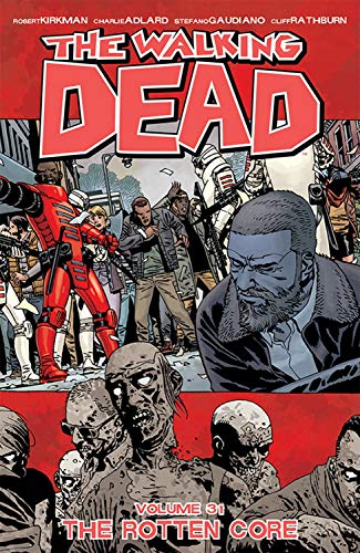 Comic book cover featuring a bearded man, armed figures, and zombies against red backgrounds.