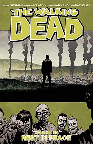 A lone figure overlooks a burning town above a crowd of zombies.