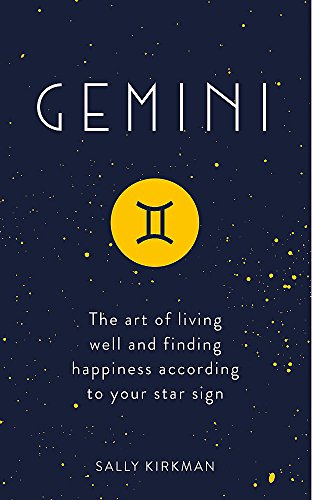 The image depicts a book cover. Alt text: Book cover with dark blue background, yellow stars, and Gemini symbol.