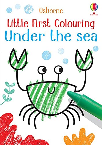 Colouring book cover with a cartoon crab and green crayon.