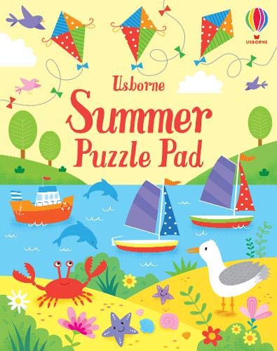 Colorful summer scene with kites, boats, and sea creatures on a puzzle pad.