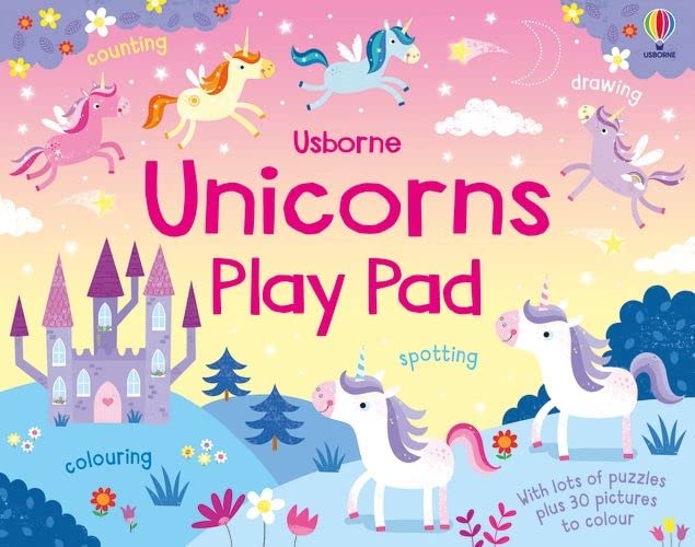 Colorful cover of "Unicorns Play Pad" with unicorns and a castle.