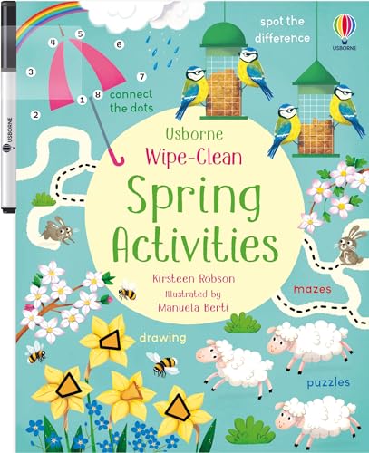 Usborne Wipe-Clean Spring Activities book cover featuring illustrations of birds, sheep, flowers, and puzzles.