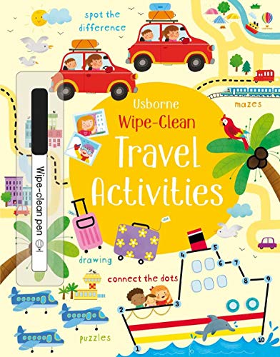Wipe-clean activity book with travel theme, pen included, and colorful illustrations.