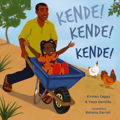 A man pushes a young girl in a blue wheelbarrow past two chickens.
