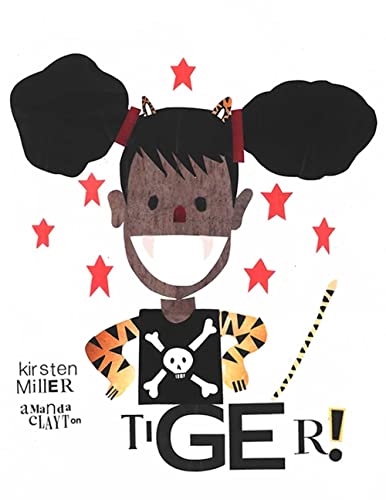 Illustration of a child in a tiger costume with large pigtails and red stars.