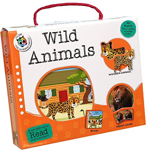 Orange box set titled "Wild Animals" with animal illustrations and puzzle pieces.