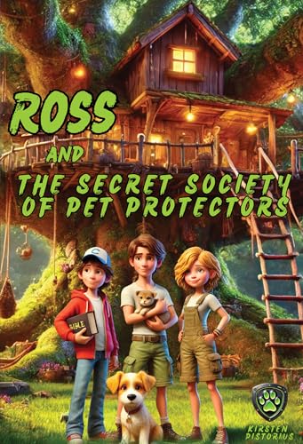 Three children with a dog stand before a treehouse in a forest.