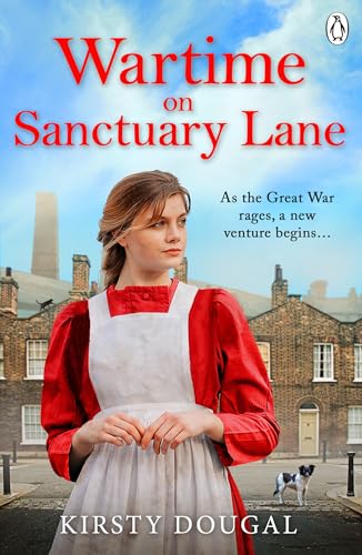 Book cover: woman in red dress on a brick street, wartime setting.