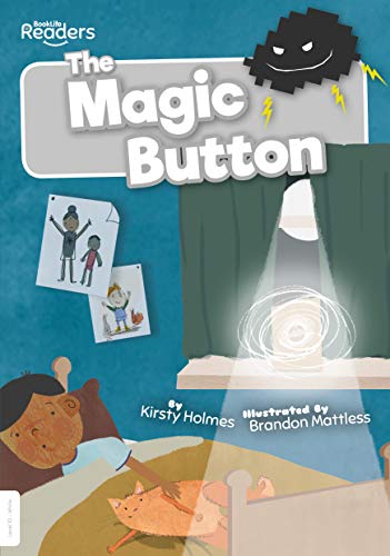 Book cover: child, cat, and glowing button with storm cloud above.