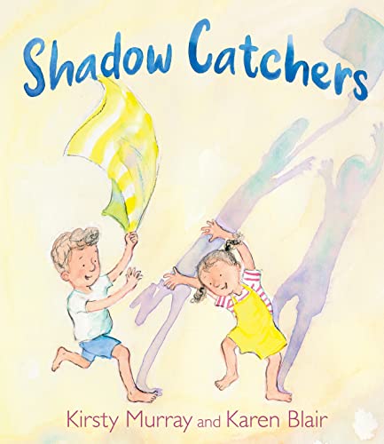Children running and reaching for a yellow sheet and their shadows.