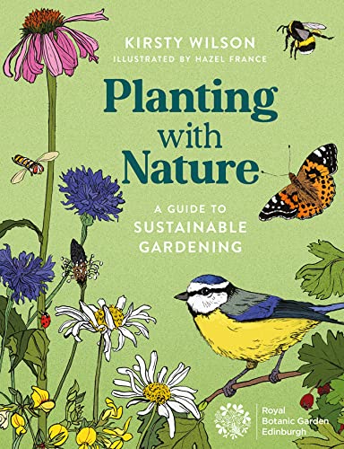 Book cover with flowers, insects, a bird, and title “Planting with Nature”.