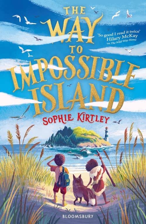 Book cover showing two children and a dog looking at an island with lighthouse.