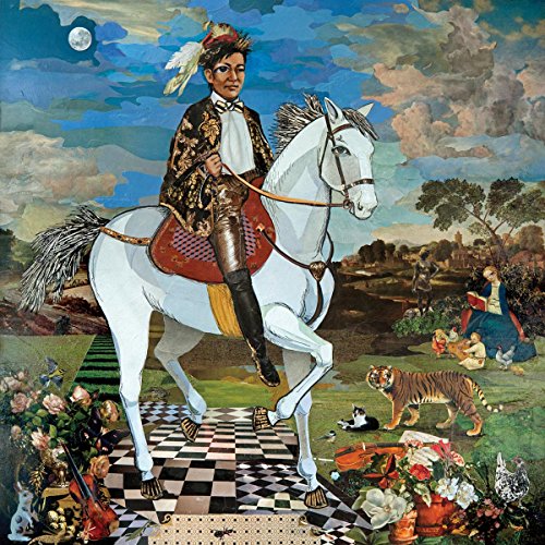 Man on a white horse with a tiger, cat, and moonlit landscape.
