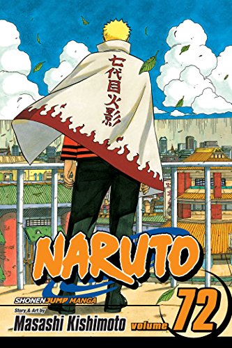 Naruto Uzumaki stands overlooking a village, wearing a white cape with Japanese text.