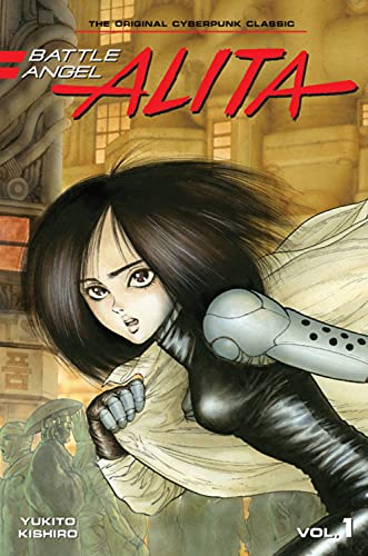Manga cover featuring Alita with dark hair and a robotic arm in a city.