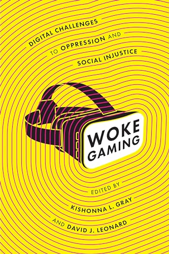 Book cover with yellow concentric lines, a VR headset, and "Woke Gaming" text.