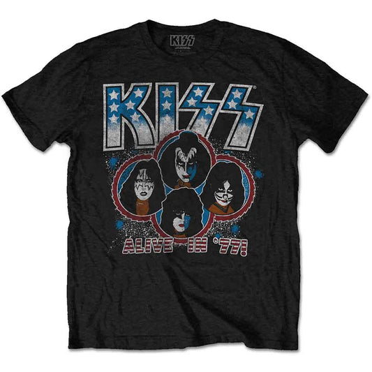 Black t-shirt featuring the Kiss logo and band members with Alive in '77 text.