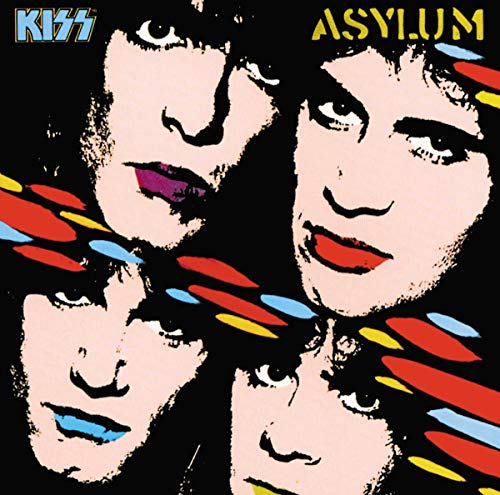 Kiss band members' painted faces on the "Asylum" CD album cover.