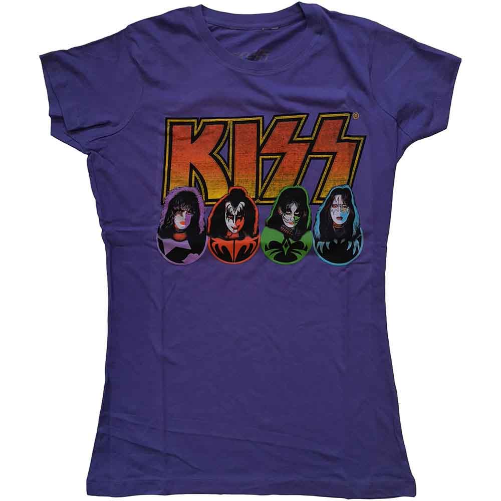 Black women's t-shirt featuring KISS band logo, faces, and iconic imagery.