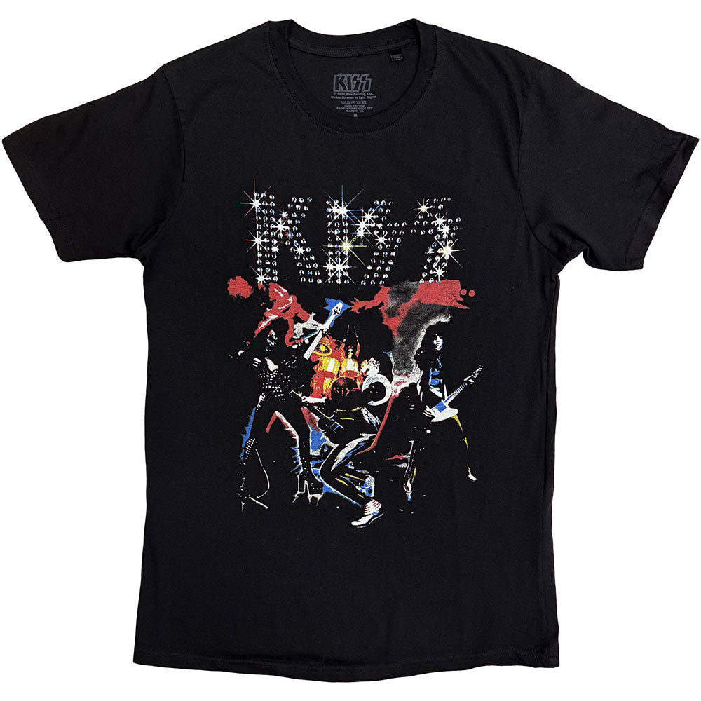 Black t-shirt with a sparkly KISS logo and a graphic of the band performing.