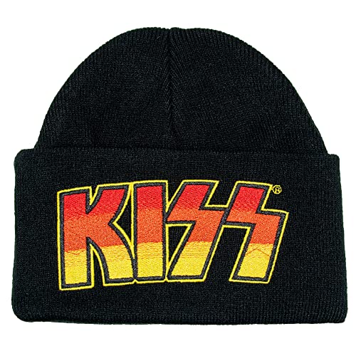 Black knit beanie with the colorful "KISS" logo embroidered on the front.
