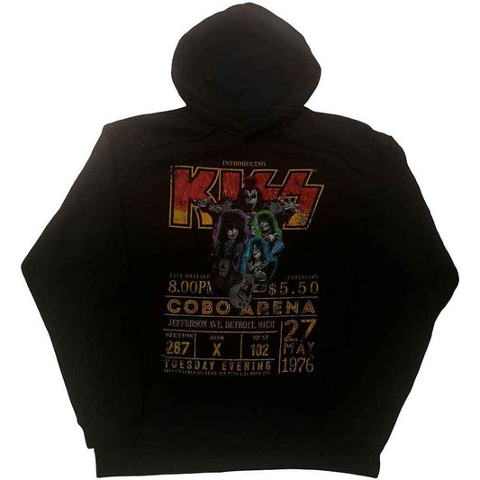 Black unisex hoodie with a vintage KISS Cobra Arena 1976 graphic print.