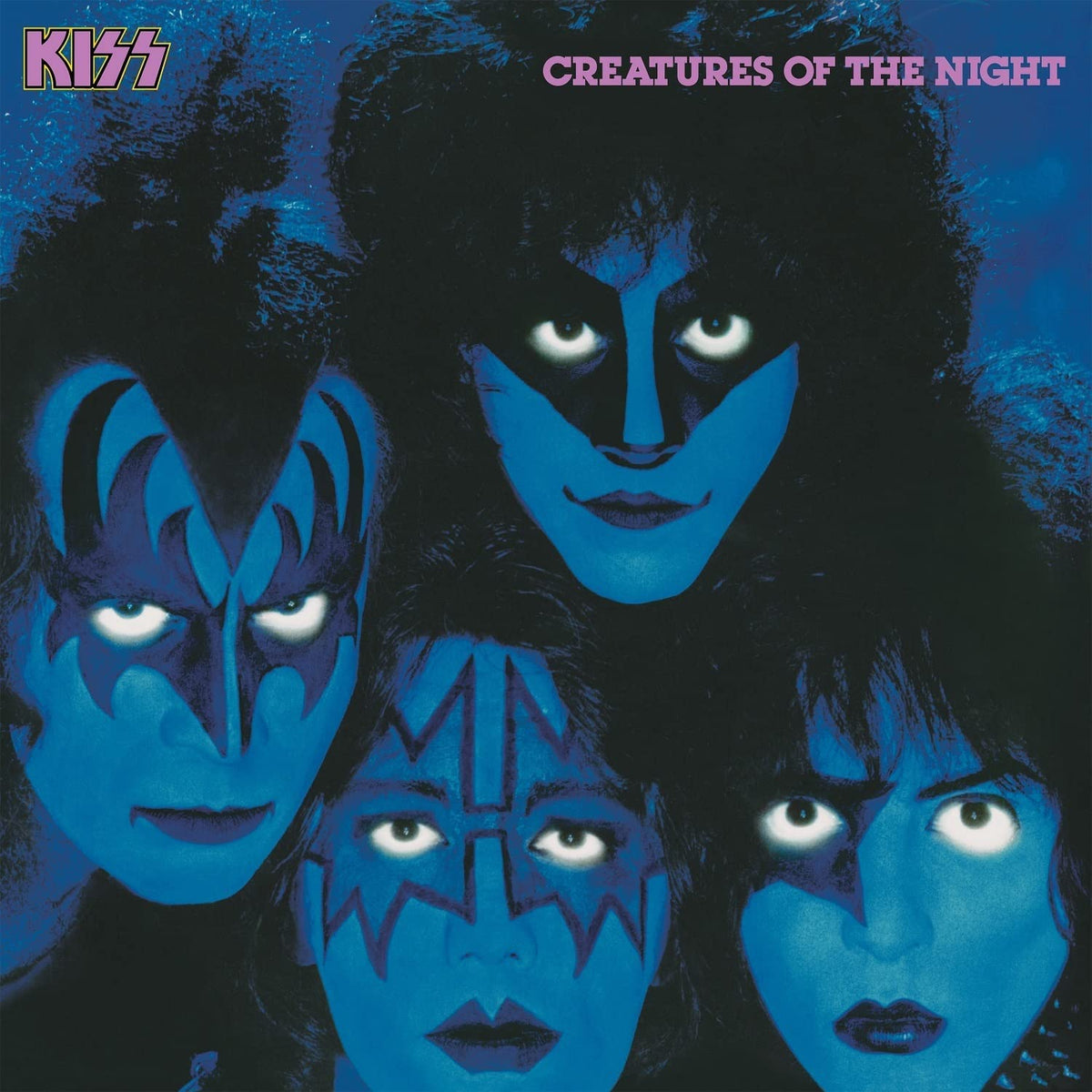 Kiss album cover: four band members with blue skin and white eyes.
