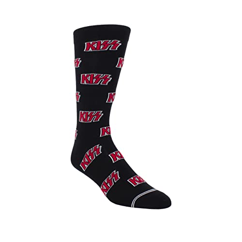 Black crew sock with repeating red "KISS" band logo pattern.