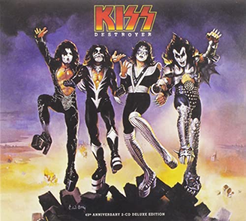 Kiss band members in elaborate makeup and costumes on album cover.