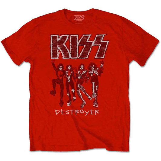 Red t-shirt with white "KISS" logo and sketch of band members.