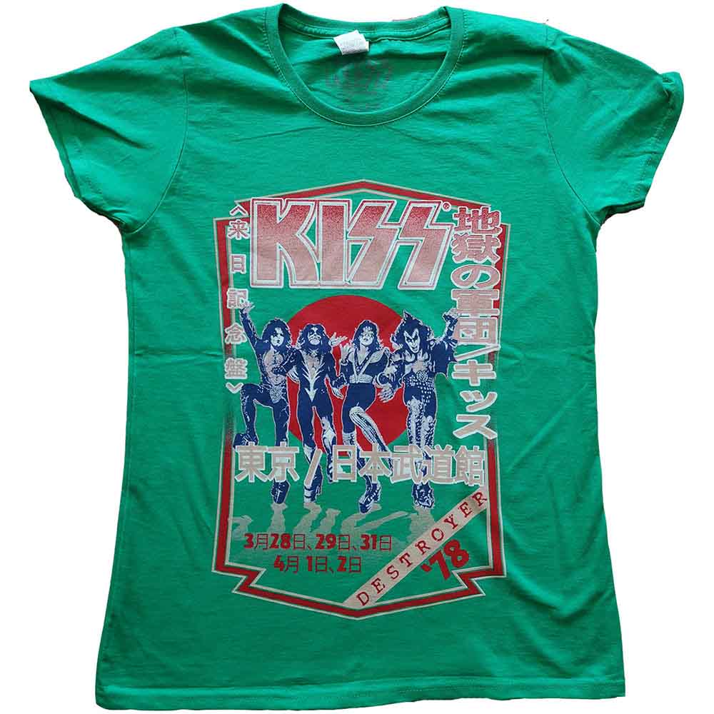 White women’s t-shirt with black “KISS Destroyer Tour ‘78” graphic.