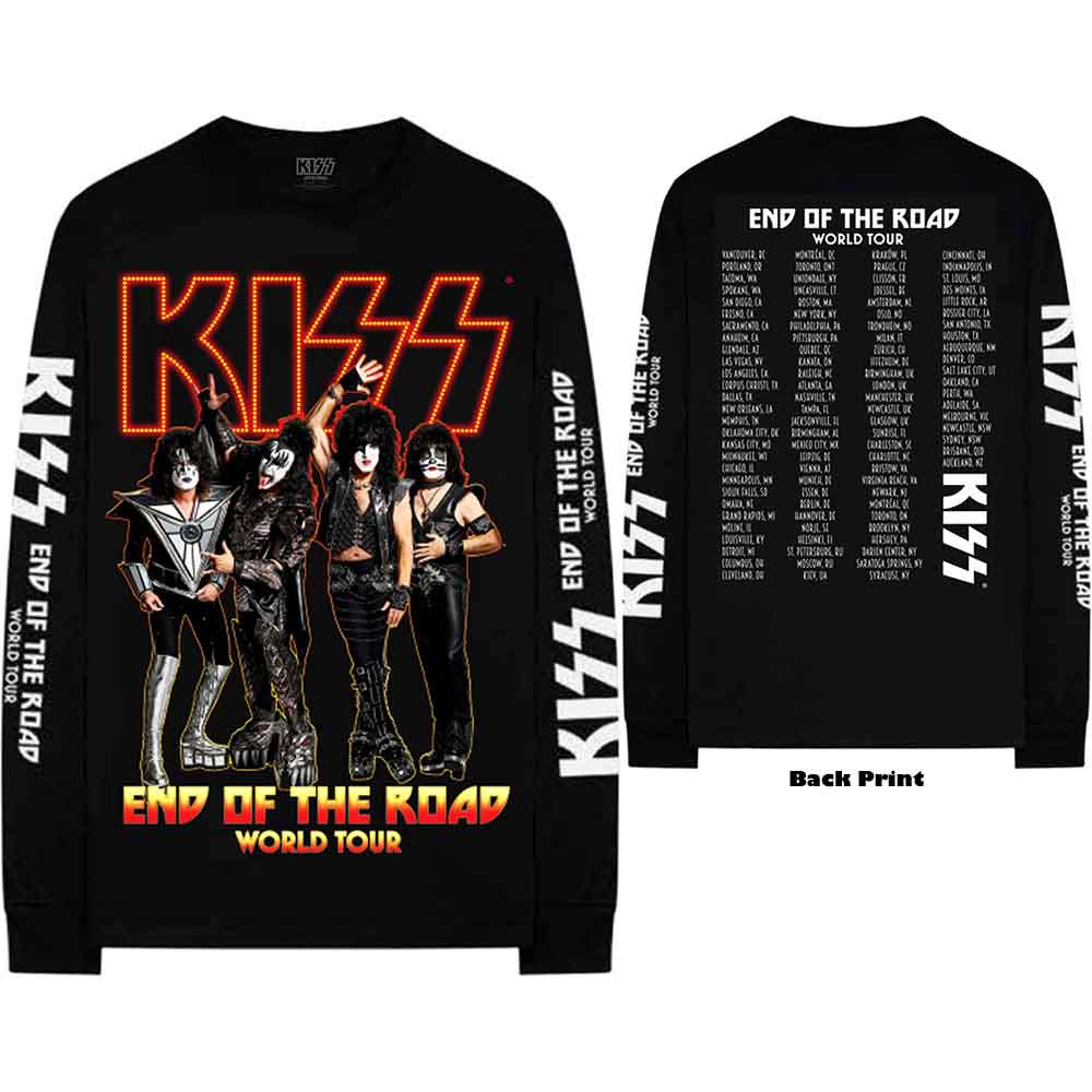 Black long-sleeve t-shirt with the KISS band logo and tour details.